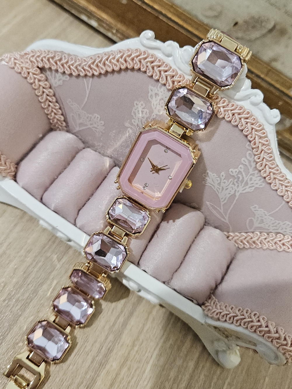 Delicate Pink Crystal Bracelet Watch with Gold-Tone Accents